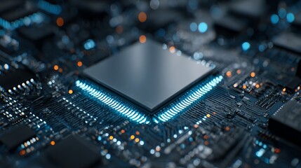 Fototapete - Intricate illuminated microchip showcasing advanced technology and digital innovation with a glowing motherboard highlighting connectivity.