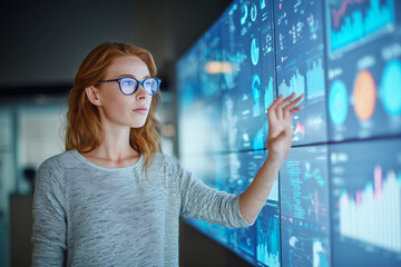 Poster - A woman wearing glasses is pointing at a large screen displaying various graphs