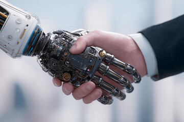 Aufkleber - A robot hand shakes a human hand