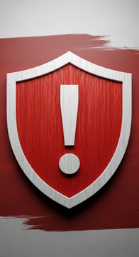 Red wooden shield with white border, featuring a white exclamation mark,  symbolizing alert, warning or security