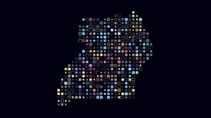 Poster - Uganda dotted animation. Shape of the country build of pulsating colored dots. Large size rounded square blocks. Digital style map on dark background. Awesome video.