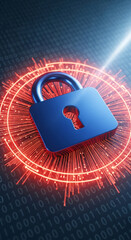 Aufkleber - Blue padlock on binary code background, surrounded by glowing red fiber optics, symbolizing digital security and data protection