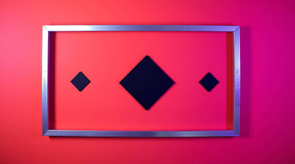 Poster - A silver frame with three black pyramids against a red background in a modern art style