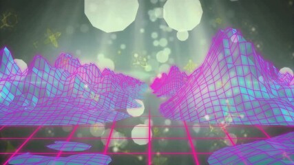 Poster - Camera gliding between cyan magenta wireframe ridges over pink grid revealing sunrise effect