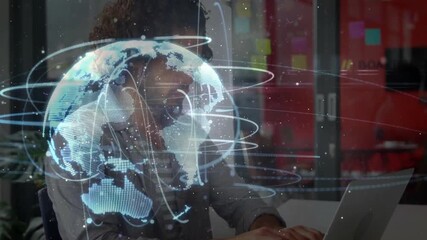 Poster - Worker typing on laptop activating digital globe rotating data lines showing technology network