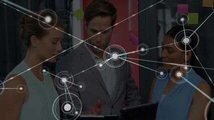 Poster - Business team gesturing at tablet and spawning animated network overlay for project analysis