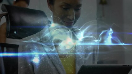 Poster - Woman tapping tablet and activating blue waveform around screen illustrating data in technology