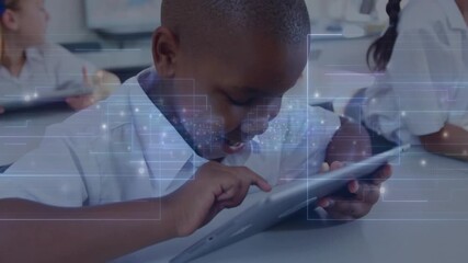 Poster - boy picking up tablet and tapping icon for education navigating lesson with translucent overlay