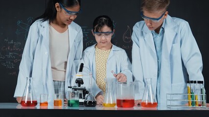 Poster - School girl mix colored solution while academic student support doing experiment at table with microscope and liquid. Diverse student standing at blackboard with science theory written. Edification