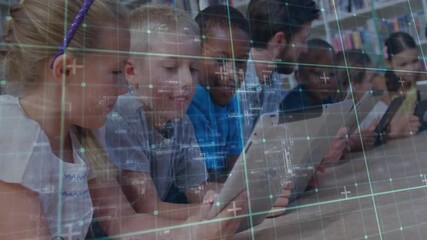Poster - Blonde girl tapping tablet activating AR grid overlay, teacher guiding tech-driven learning session