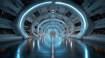 Poster - Abstract interior sci-fi spaceship corridors. futuristic design spaceship interior in blue background. Abstract 3d corridor interior design with linear light. 3d rendering