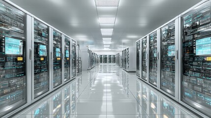 Poster - Advanced data center showcases rows of servers filled with digital information and complex network hardware infrastructure systems.