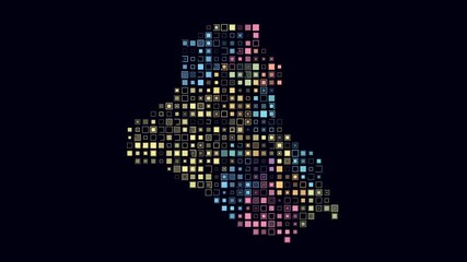 Poster - Iraq dotted animation. Shape of the country build of pulsating colored dots. Large size square blocks. Digital style map on dark background. Trending video.