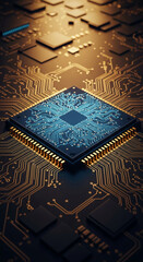 Poster - Close-up of a central processing unit on a circuit board, showcasing intricate gold circuitry and glowing blue pathways, symbolizing technological advancement and digital innovation