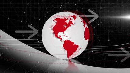 Poster - On start 3D globe rotating on platform with flowing lines and arrows visualizing global network
