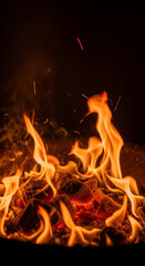 Poster - Burning charcoal embers with orange flames, creating a warm and intense visual, symbolizing energy, passion, or comfort
