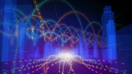 Poster - Bursting light on horizon spawning prisms, sweeping arcs, radiating data streams forming network