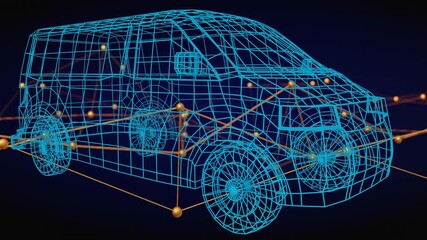 Poster - Fading cyan van wireframe on navy void with golden nodes and lines pulsing illustrating data flow