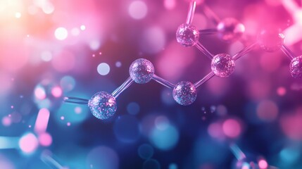 Wall Mural - abstract molecular model with interconnected spheres against a pink and blue bokeh field