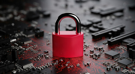 Leinwandbilder - Red padlock on circuit board, showcasing digital security, data protection, and cyber safety concepts