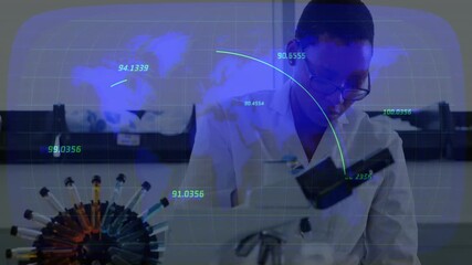 Aufkleber - Data overlaying drawing lab scientist adjusting microscope focus and pipetting sample for analysis