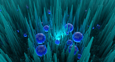 Aufkleber - Abstract image of teal crystals and blue spheres, creating a vibrant, otherworldly scene.  Suggests energy, mystery, or futuristic technology.  Suitable for design backgrounds.
