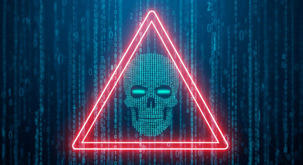 Leinwandbilder - Digital skull formed from binary code inside a red warning triangle, set against a blue binary code background, symbolizing cyber security risk or data breach