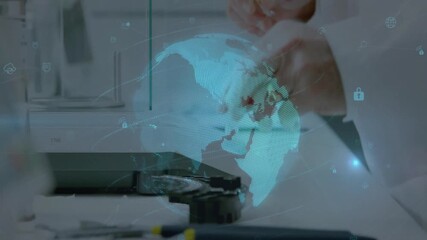 Poster - Doctor placing vial on device, pressing control drawing fluid into syringe, spinning globe for test