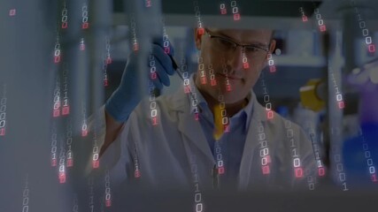 Aufkleber - Scientist picking up micropipette drawing yellow reagent for research while tracking binary overlay