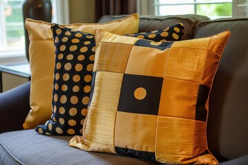 Poster - Elegant arrangement of patterned throw pillows adds a touch of style to a contemporary living room sofa