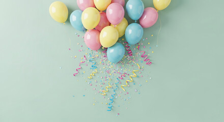Poster - Pastel balloons, confetti, and ribbons on a light-green background, showcasing a festive and celebratory scene, ideal for invitations or greeting cards