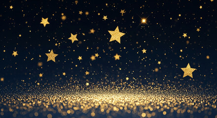 Poster - Dark blue background with golden glitter and stars, creating a magical, festive atmosphere, ideal for celebration or holiday designs