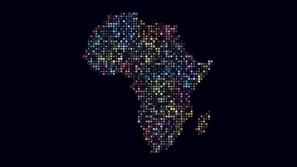 Poster - Africa dotted animation. Shape of the continent build of pulsating colored dots. Small size square blocks. Digital style map on dark background. Stylish video.