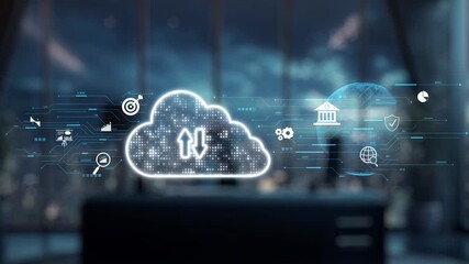 Poster - A robotic hand interacts with a high-tech digital cloud interface in a sleek modern office environment, emphasizing data exchange and innovative communication technology. Auvana