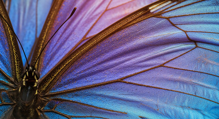 Poster - Close-up of blue, purple butterfly wing texture showing intricate vein pattern, showcasing nature's artistry and delicate beauty, ideal for artistic or nature designs