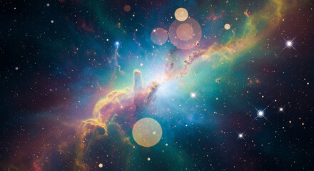 Aufkleber - Cosmic nebula image, vibrant teal, gold, and pink hues, depicting a celestial scene with stars and glowing gas clouds, showcasing the beauty of space