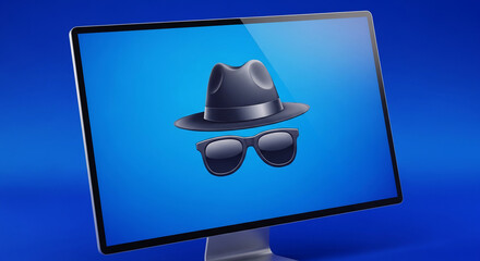 Leinwandbilder - Computer screen displays hat and sunglasses icon on blue background, symbolizing anonymity, privacy, or online security