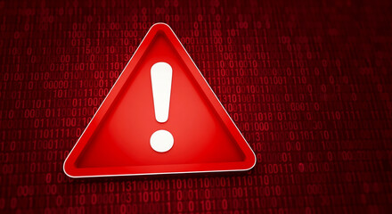 Leinwandbilder - Red triangular warning sign with white exclamation mark, set against a background of binary code, symbolizing a digital alert or system error