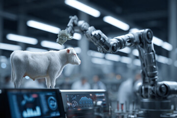 Poster - Futuristic tech scene featuring a white calf and robotic arm presenting money. Symbolic of automation, investment, or technology in agriculture. Conceptual and striking.