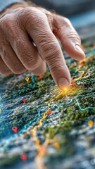 Poster - A finger points to a glowing spot on a digital map filled with 3D location pins and network routes, symbolizing navigation and technology