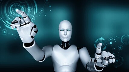 Poster - Futuristic robot artificial intelligence huminoid AI for industrial factory technology development and machine learning concept. robotic bionic science research for future of human life. 3D rendering.