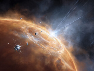 Poster - Futuristic artwork showcasing exploration of space with probes and a swirling nebula. Great for science, technology, or innovation concepts.