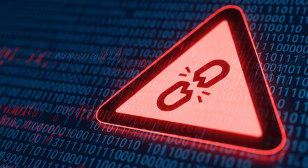 Leinwandbilder - Red triangular warning sign displays a broken link icon against a backdrop of binary code, symbolizing cybersecurity breach or link failure