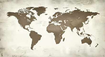 Poster - Brown textured world map on off-white background, representing global connectivity and exploration, suitable for travel or geographical themes