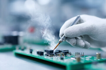 Poster - Closeup shows electronic repair with a gloved hand soldering a circuit board. Symbolizes precision, technology, and skilled craftsmanship. Ideal for engineering, tech, or repair services.
