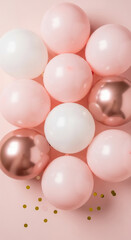 Poster - Pink and white balloons cluster on pink background, scattered gold confetti below, suggesting celebration or festive event, ideal for invitation or party theme