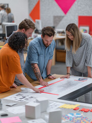 Poster - Creative team collaborating on a design project, reviewing a detailed blueprint. Focus, teamwork, and innovation in a modern office space. Ideal for business, design, and collaboration concepts.