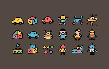 Poster - Collection of cute and colorful cartoon toys and characters on a dark background