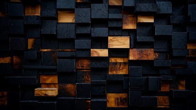 Abstract Geometric Pattern Background with Dark Textured Cubes and Golden Wood Accents