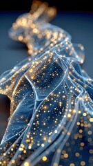 Poster - Glowing golden particles stream across dark fluid waves in a dreamy, futuristic motion design